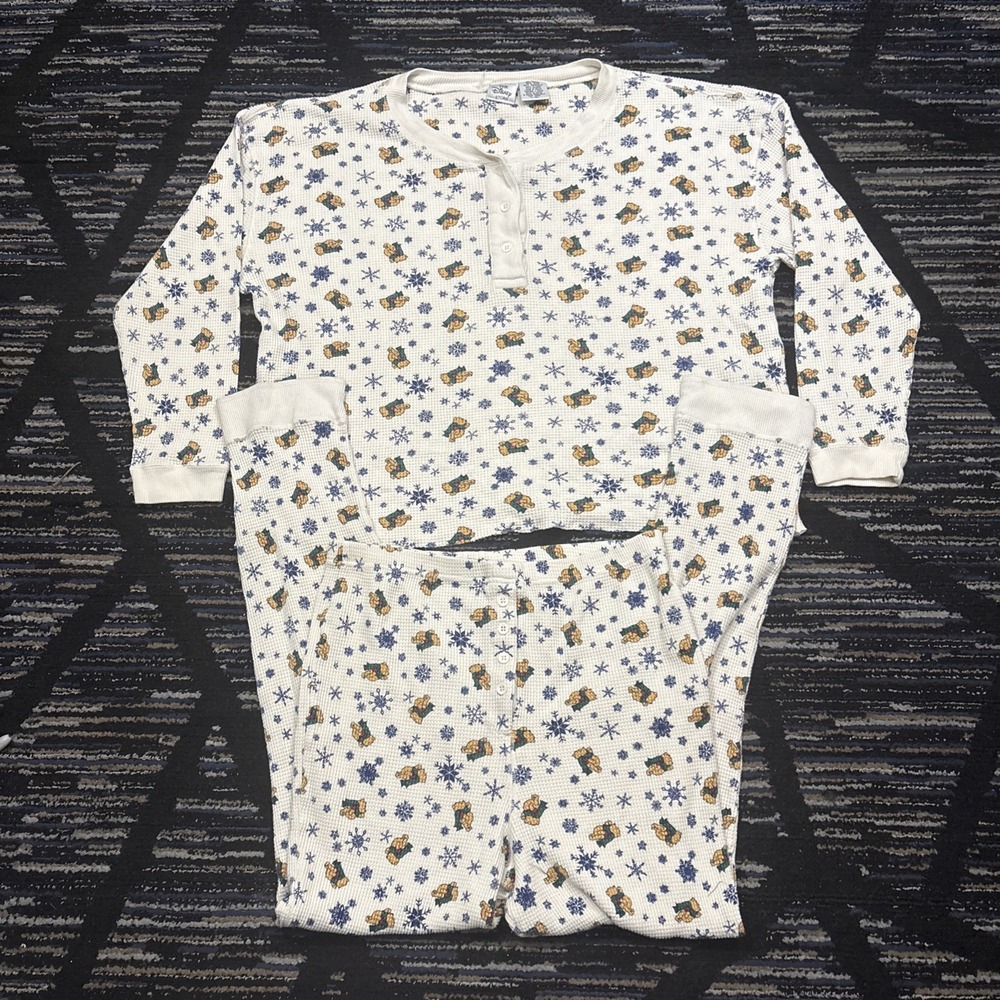Vintage Disney Store Womens Pajama Set Snowflake Bear Print L/XL Winnie the Pooh